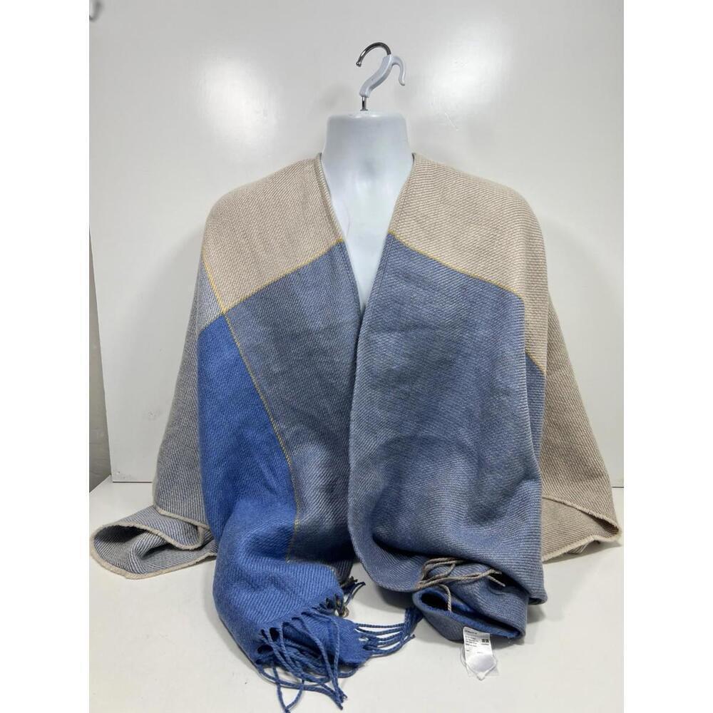 Uniqlo Poncho Stole Cardigan Women Blue Colorblock Fringe Boho 100% Acrylic OS - Picture 3 of 7
